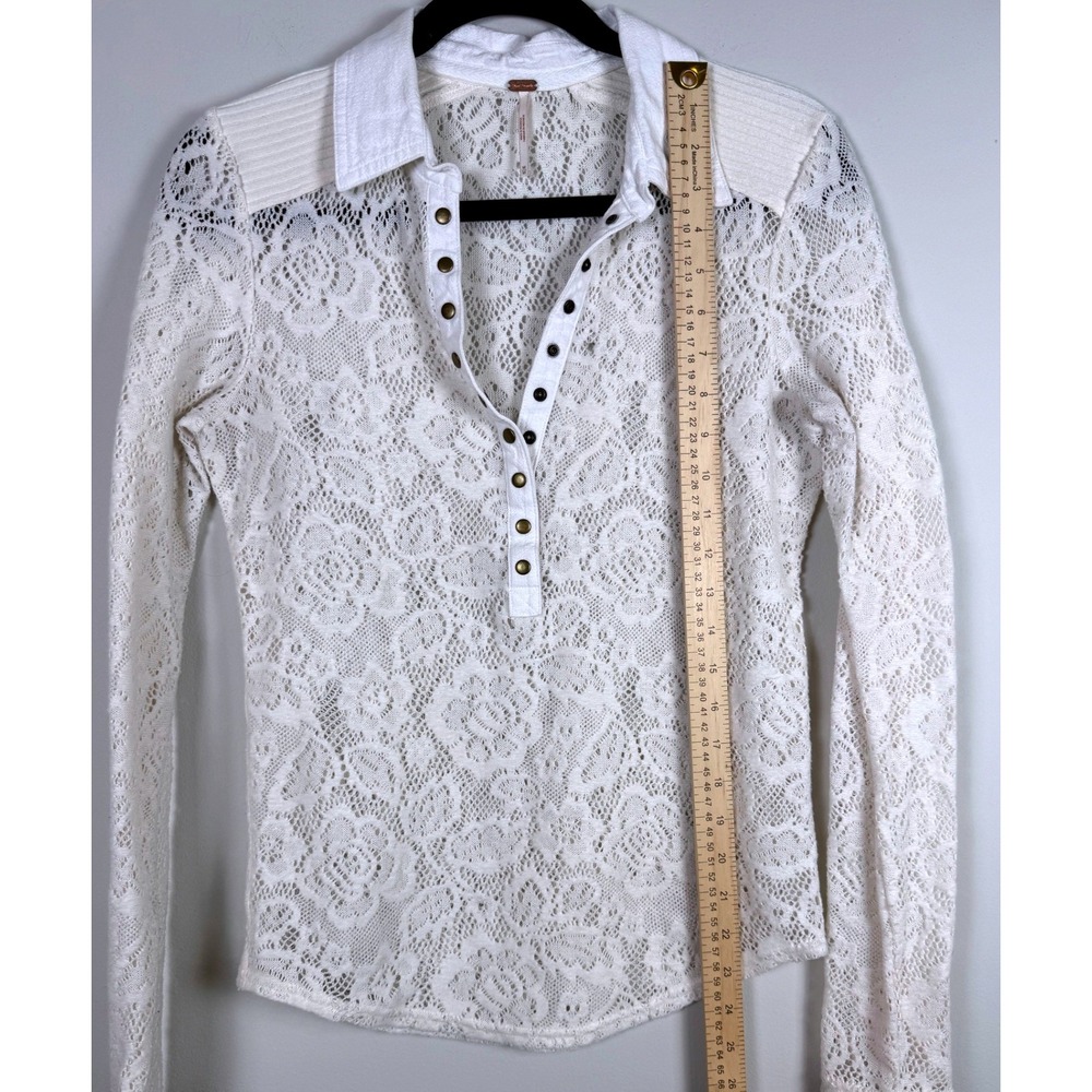 Free People Cream Lace Collared Henley Shirt Long Sleeve Size M - Picture 4 of 6